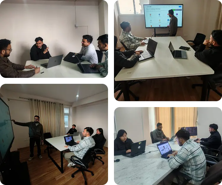 Diverse scenes of mobile app and web development, including design, coding, and user experience, representing Saral Apps' digital services.